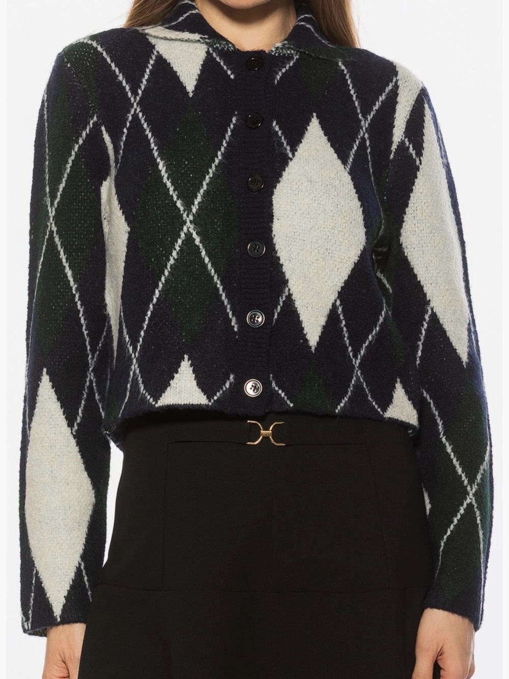 Alexia Admor Navy, White & Green Argyle Button-Up Knit Cardigan - Size M